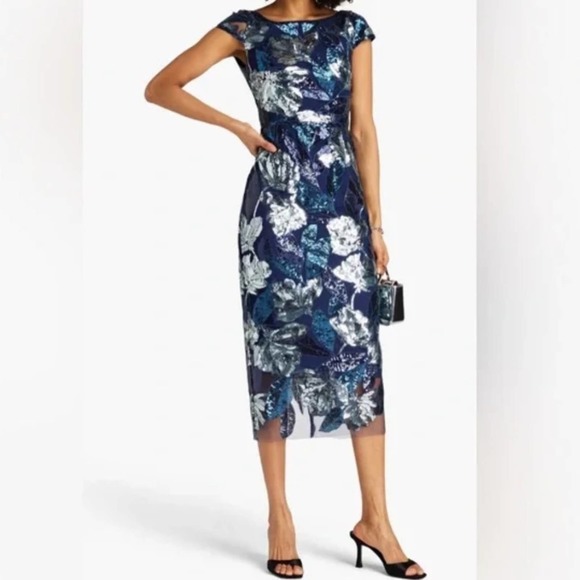 Marchesa Notte NWT Sequined Cocktail Dress Length Gown cutwork Midi 14 - Picture 2 of 15